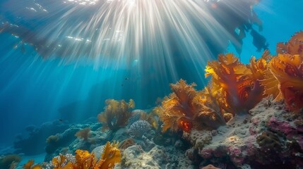 sunbeams pierce water, illuminating weeds that grow at reef's base and bottom