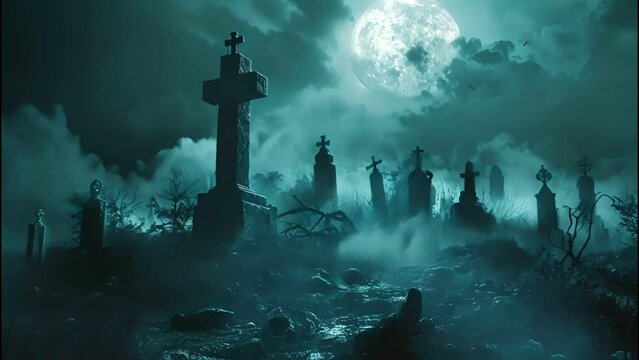 Creepy blank gravestone in graveyard at night with fog and shadows , halloween theme