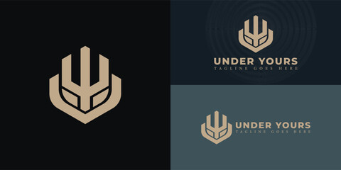Abstract initial hexagon letter UY or YU logo in luxury gold color isolated on multiple background colors. The logo is suitable for motorcycle club logo design inspiration templates.