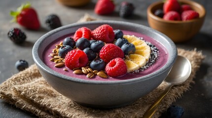 Yogurt with berries and cereal , breakfast background. Top view.	