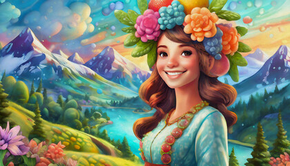 oil painting style  cartoon illustration stylish happy woman with floral headpiece and dress on bright background
