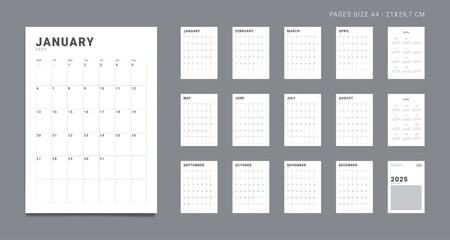 Set of 2025 Pages Monthly Calendar Planner Templates, Annuals 2025-2026, Cover with Place for Photo and Company Logo. Vector vertical grid for wall or desk calendar for printing. Week star on Monday
