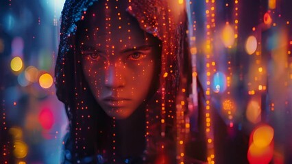 A mysterious woman in a hooded jacket stands in a cyberpunk city, her face glowing with digital code.