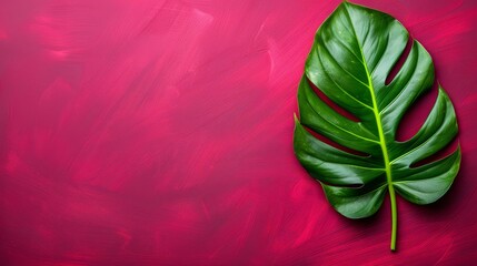 Obraz premium A large green leaf lies on a pink surface, adjacent to two green leaves also atop the pink background