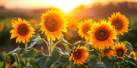 Obraz premium Awakening of a Sunflower Field at Sunrise: Golden Blossoms Turn Towards the Morning Sun. Concept Nature Photography, Sunflower Fields, Sunrise, Golden Blossoms, Morning Sun