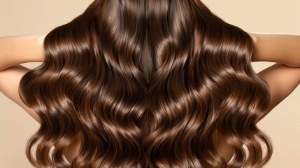 Fototapeta premium Woman with long, shiny brown hair at the back, facing beige background Hands hidden behind back