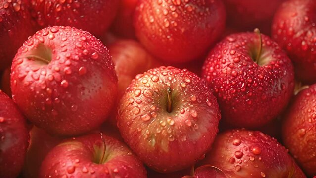 Close-up of fresh, red apples with water droplets, showcasing their juicy and vibrant appearance.