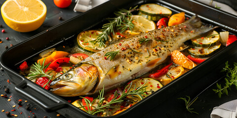 Grilled fish with various vegetables on a pan Deilicious and healthy meal