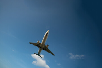 Landing passenger jet airplane at daytime.