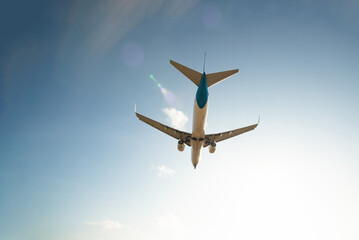 Landing passenger jet airplane at daytime.