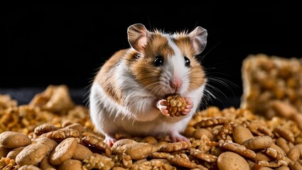 hamster eating nuts black background