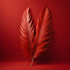 Red feather isolated on red background
