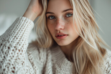 Obraz premium Beauty girl in sweater. Model young woman with blonde hair with freckles close up portrait.