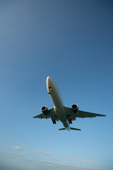 Landing passenger jet airplane at daytime.