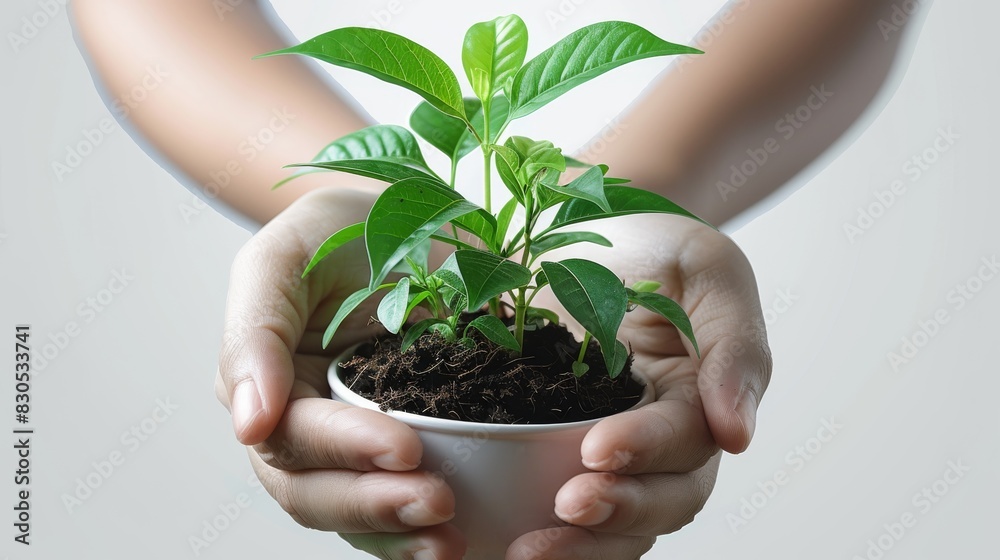 Poster hands holding plant side view isolated on white background. generative ai.