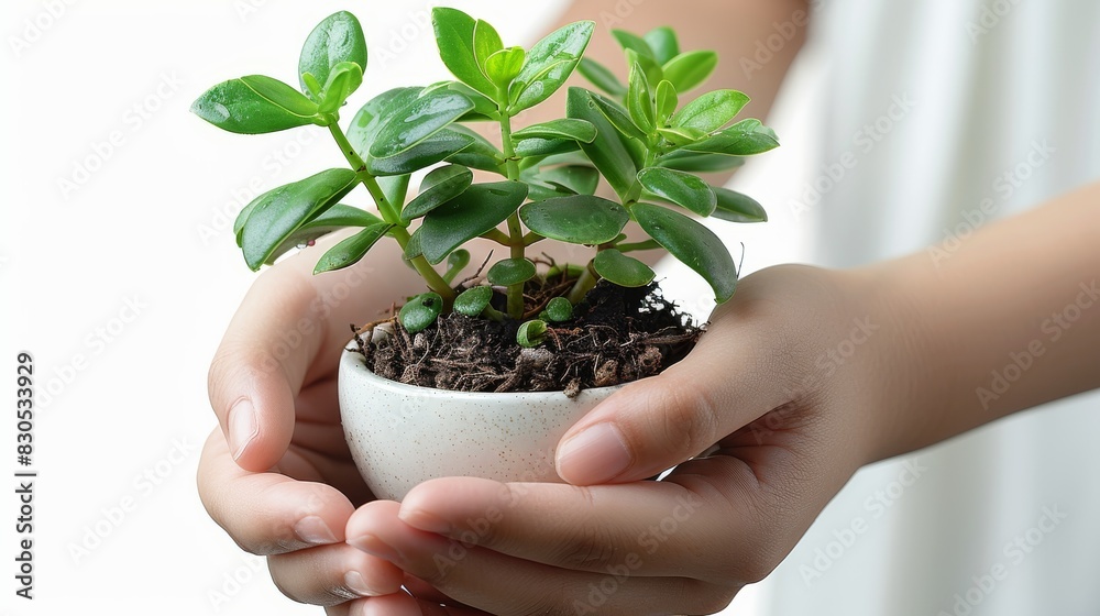 Poster hands holding plant side view isolated on white background. generative ai.