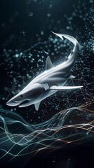 Futuristic Shark on Dark Aluminate Background with Digital Ocean Waves
