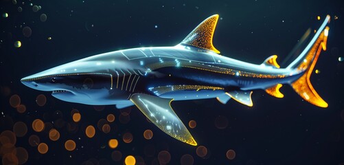 Futuristic Shark Swimming on Dark Aluminate Background with Digital Fin Accents