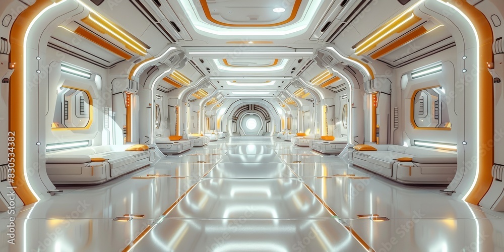 Poster sci-fi hub module interior, orange-white color scheme, minimalistic. generative ai.
