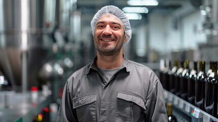 Obraz premium A cheerful worker in gray overalls and a hairnet stands in the lobby of the modern brewery