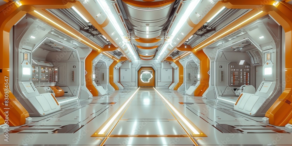 Poster sci-fi hub module interior, orange-white color scheme, minimalistic. generative ai.