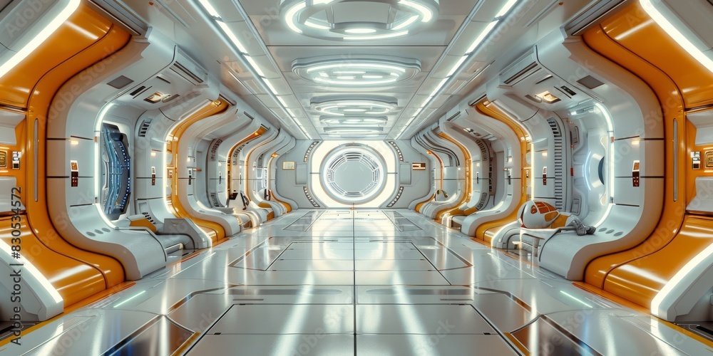 Aufkleber sci-fi hub module interior, orange-white color scheme, minimalistic. generative ai.