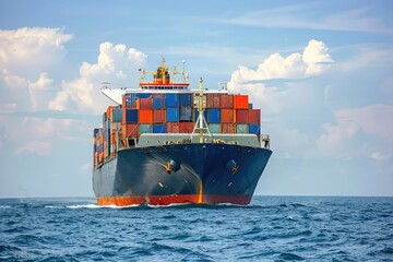 A cargo ship transporting containers at sea