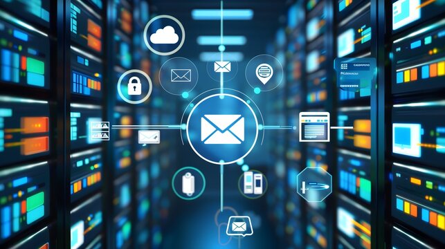 Icons of data groups, servers, applications, email and other digital assets, photo