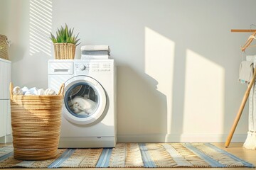 A white washing machine with clothes, placed either in the kitchen or laundry room