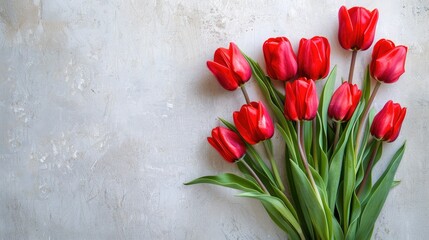 Red tulip bouquet on soft colored backdrop Concept for Mother s Day Valentine s Day or birthday celebration Greeting card with space for text viewed from above