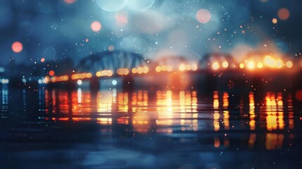 Fototapeta premium Close-up of a nighttime cityscape with reflections; double exposure; focus on; copy space, silhouette with bridge