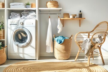A white washing machine with clothes, placed either in the kitchen or laundry room