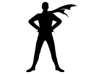 腰に手をあて長いマフラーを着けたヒーローポーズの男性 モノクロシルエット 全身正面のイラスト