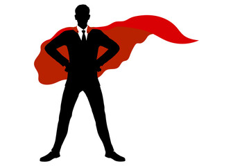 赤いマントのサラリーマン男性シルエット ヒーローポーズの全身正面イラスト