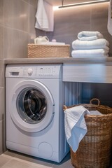 A white washing machine with clothes, placed either in the kitchen or laundry room