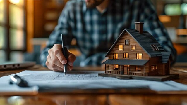 A man signs paperwork with a model house on the table. A close-up of a hand signing a document with a miniature house.