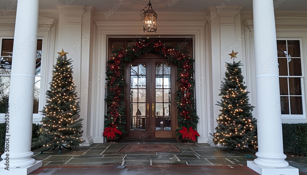 Wall mural Seasonal decor with Christmas trees on each side of the door