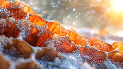  A tight shot of an array of orange and white bubbles resting on a surface, illuminated by sunlight in the backdrop Foreground showcases a hazy depiction of additional bub
