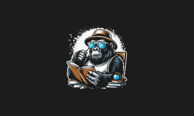 gorilla wearing sun glass reading book vector artwork design