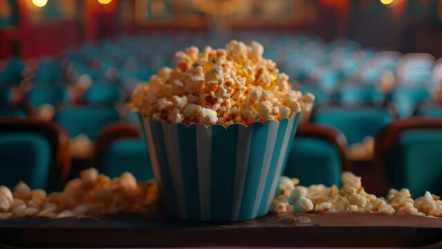 A close-up of a bucket of popcorn in a movie theater, with rows of seats blurred in the background.