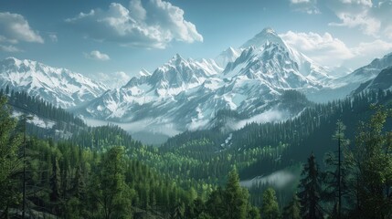 Snow capped mountains surrounded by a forest