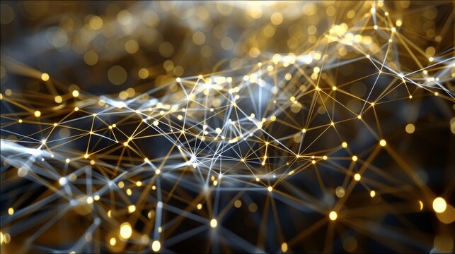Abstract digital network connections with gold silver color. Generative AI.