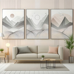 Bright Room Interior with Sofa, Coffee Table, and Wall Art