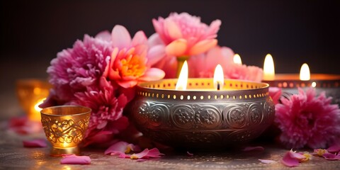 Diwali Celebration: Diya Oil Lamps and Flowers on a Pastel Background. Concept Diwali Celebration, Diya Oil Lamps, Flowers, Pastel Background