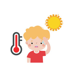 kid with summer Heatstroke, cute cartoon character flat style vector illustration on white background