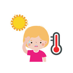 kid with summer Heatstroke, cute cartoon character flat style vector illustration on white background