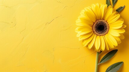  A yellow flower against a yellow background A green stem emerges from the flower's center, extending to another stem at its base