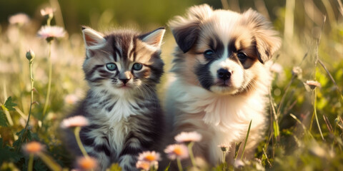 Obraz premium Cat and Dog on a Summer Nature Background. Cute Little Puppy and Gray Striped Kitten sitting in green grass in meadow or summer garden. Cat and Dog - best friends together