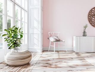 Beautiful interior design composition in minimalist fashion with pink tones, minimal furniture and copyspace for text.