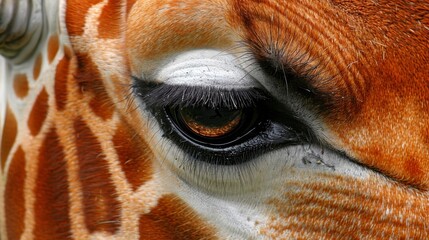  A tight shot of a giraffe's eye, its body exhibiting intricate brown and white patterns, alongside black, orange, and white stripes